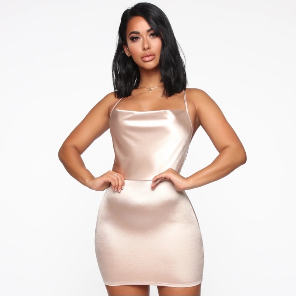 Fashion Nova Coming Out Satin Mini Dress in Champagne - Size Small
